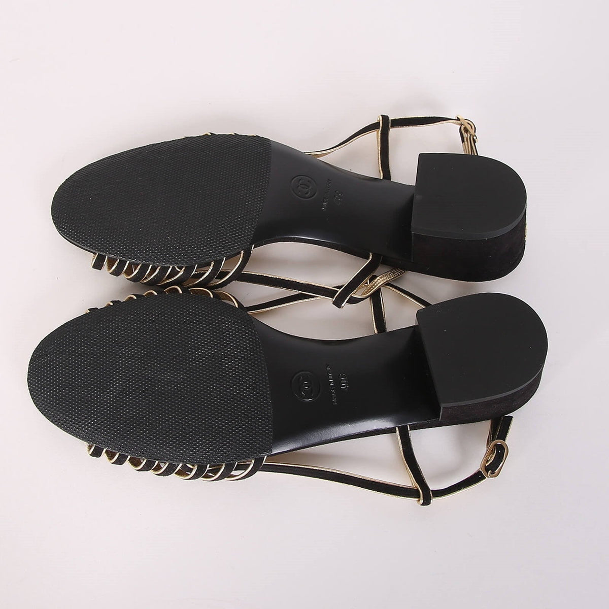 CC  Strappy Low Heel Sandals 35mm Black Gold Metallic Suede