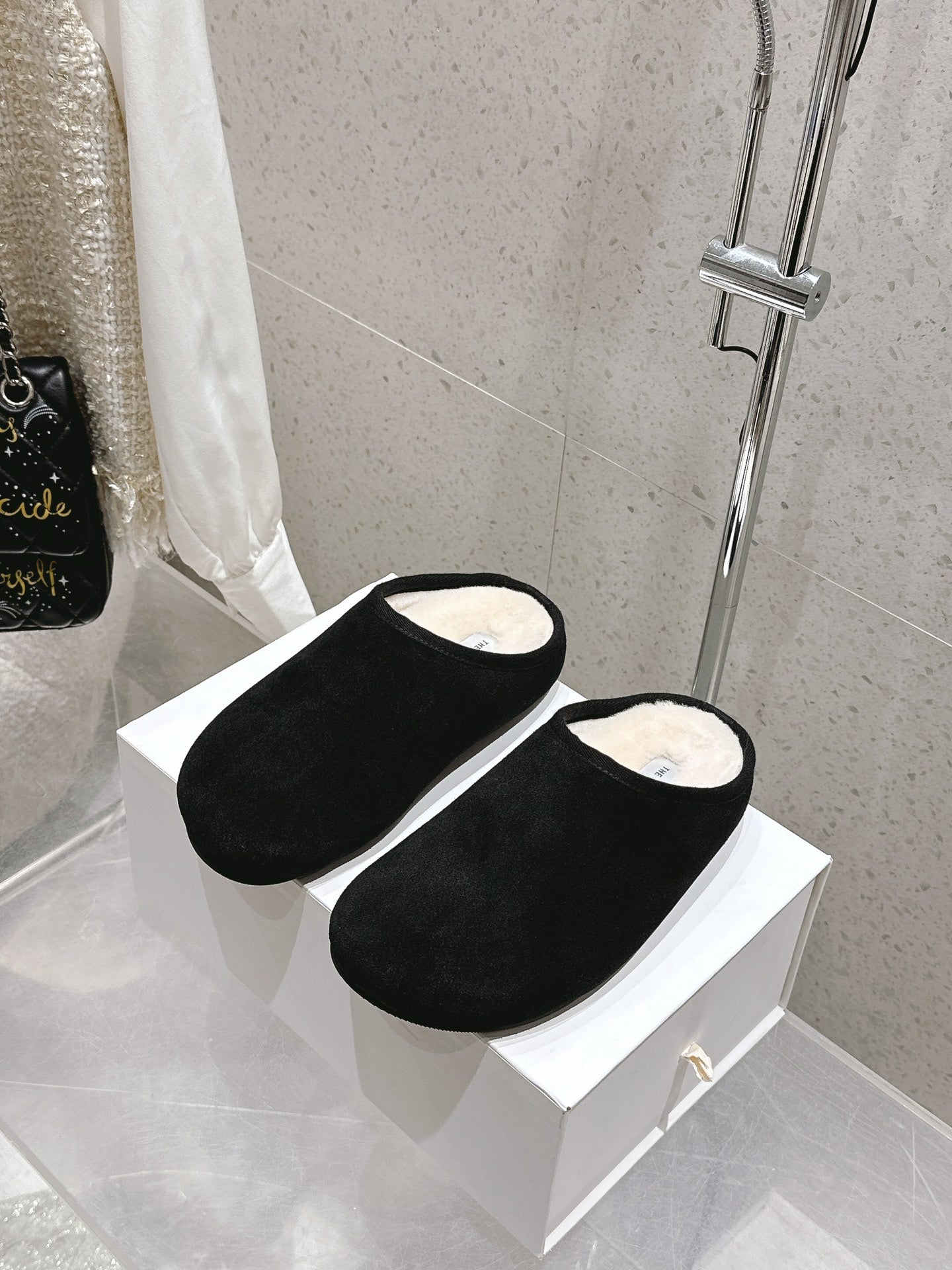 The Row Slipper Black White Cowhide Wool 402119