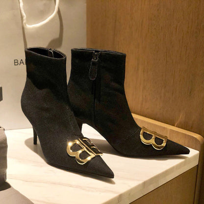 POINTED-TOE HIGH HEEL 80 MM ANKLE BOOTS IN BLACK DENIM