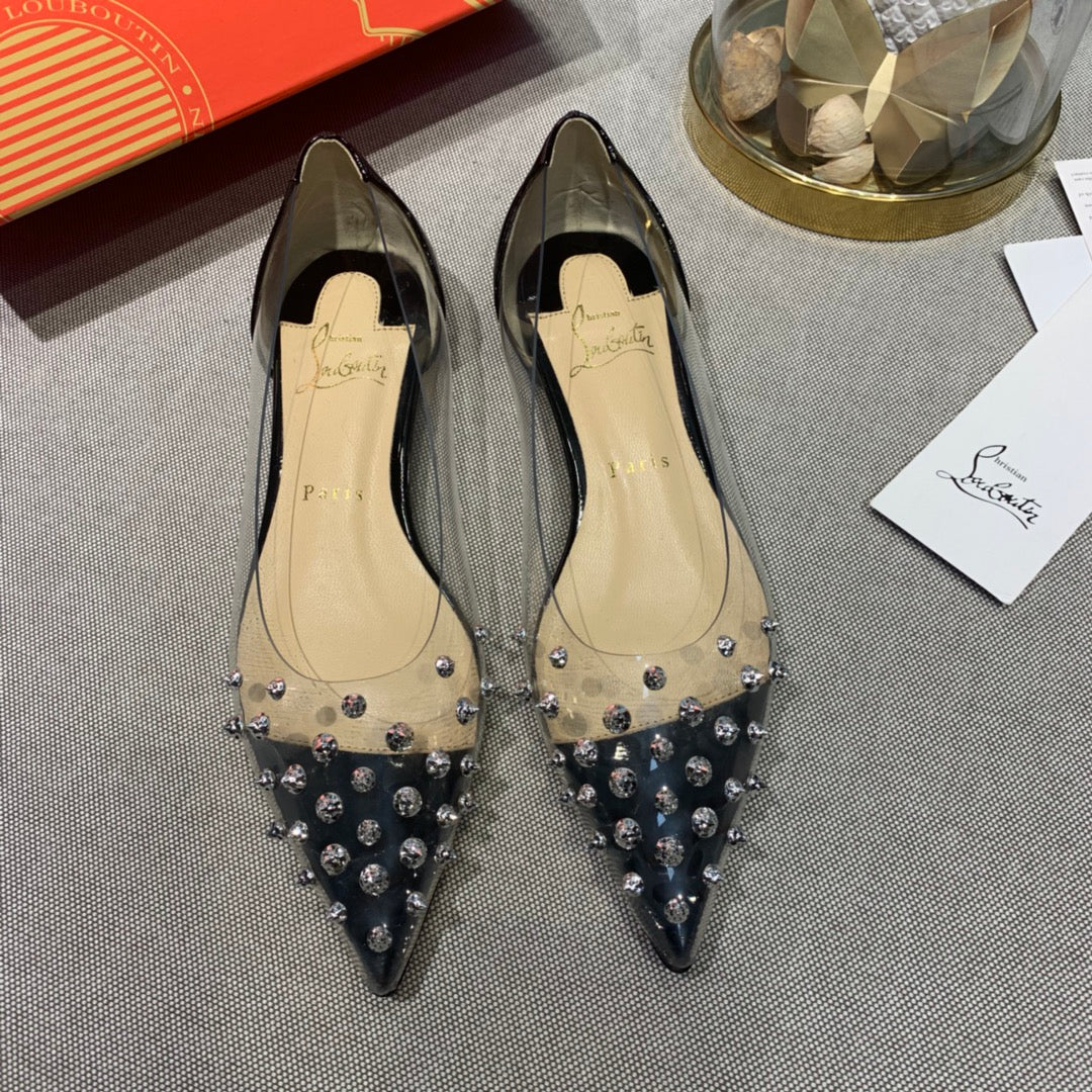 CL Collaclou Spike Clear Flat Embellished Pvc and Patent Leather Black