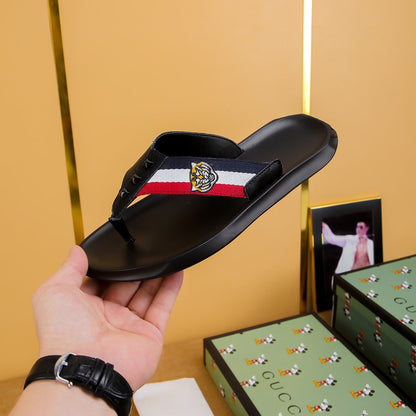 GG Men's Thong Sandals Black Cowhide 587228
