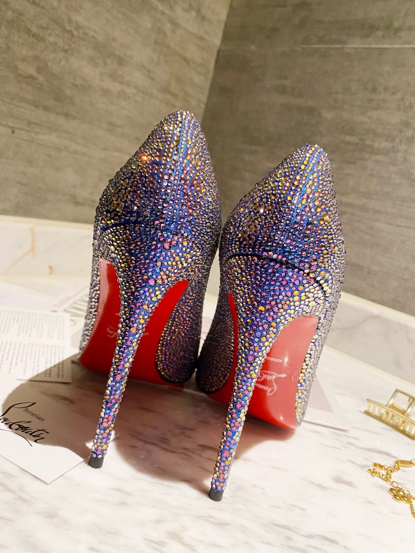 CL Kate Strass Degrade Pumps 100mm Suede Blue
