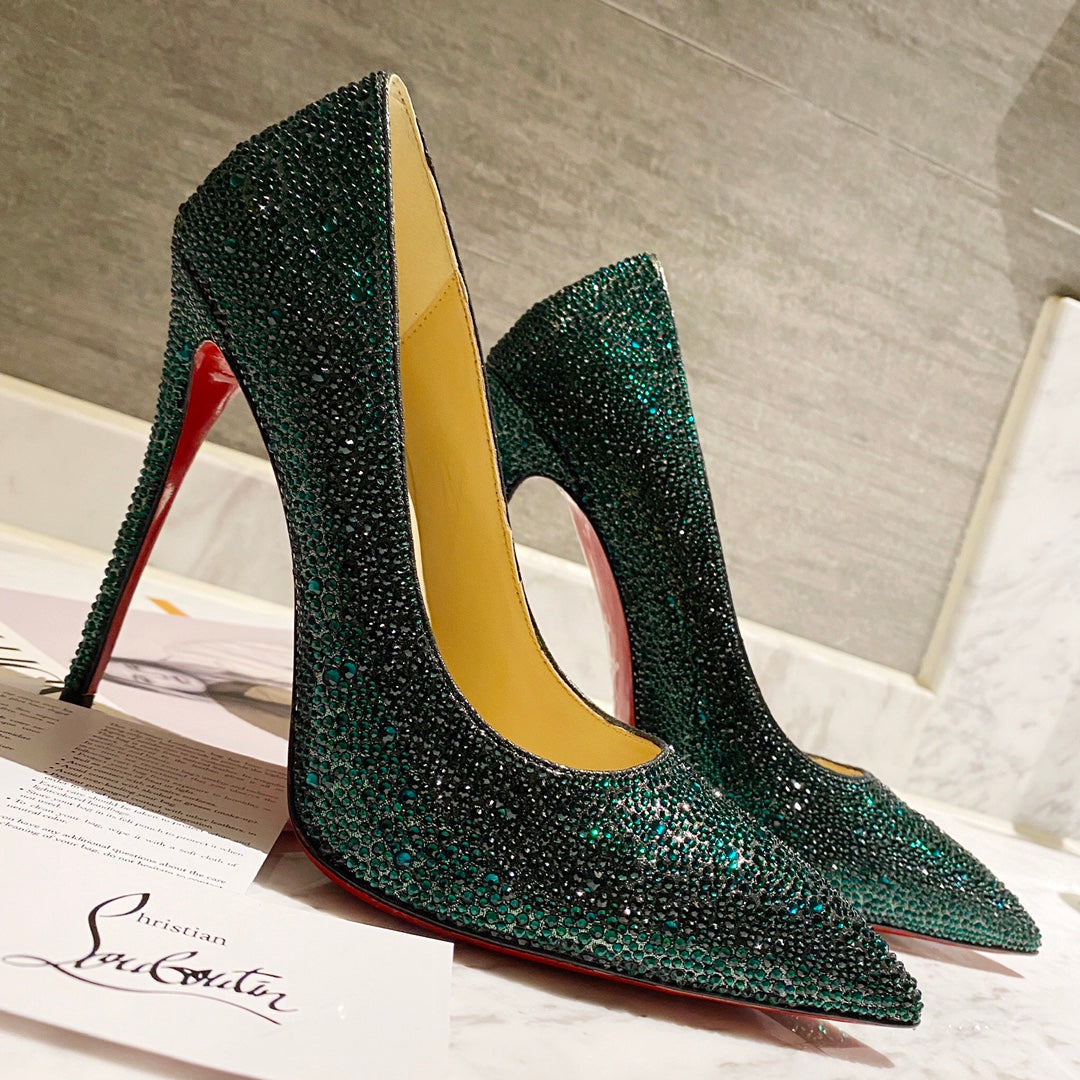 CL Kate Strass Degrade Pumps 100mm Suede Green