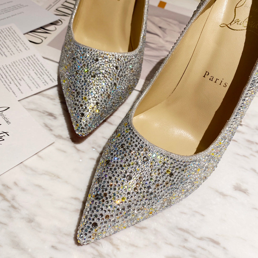 CL Kate Strass Degrade Pumps 100mm Suede Silver