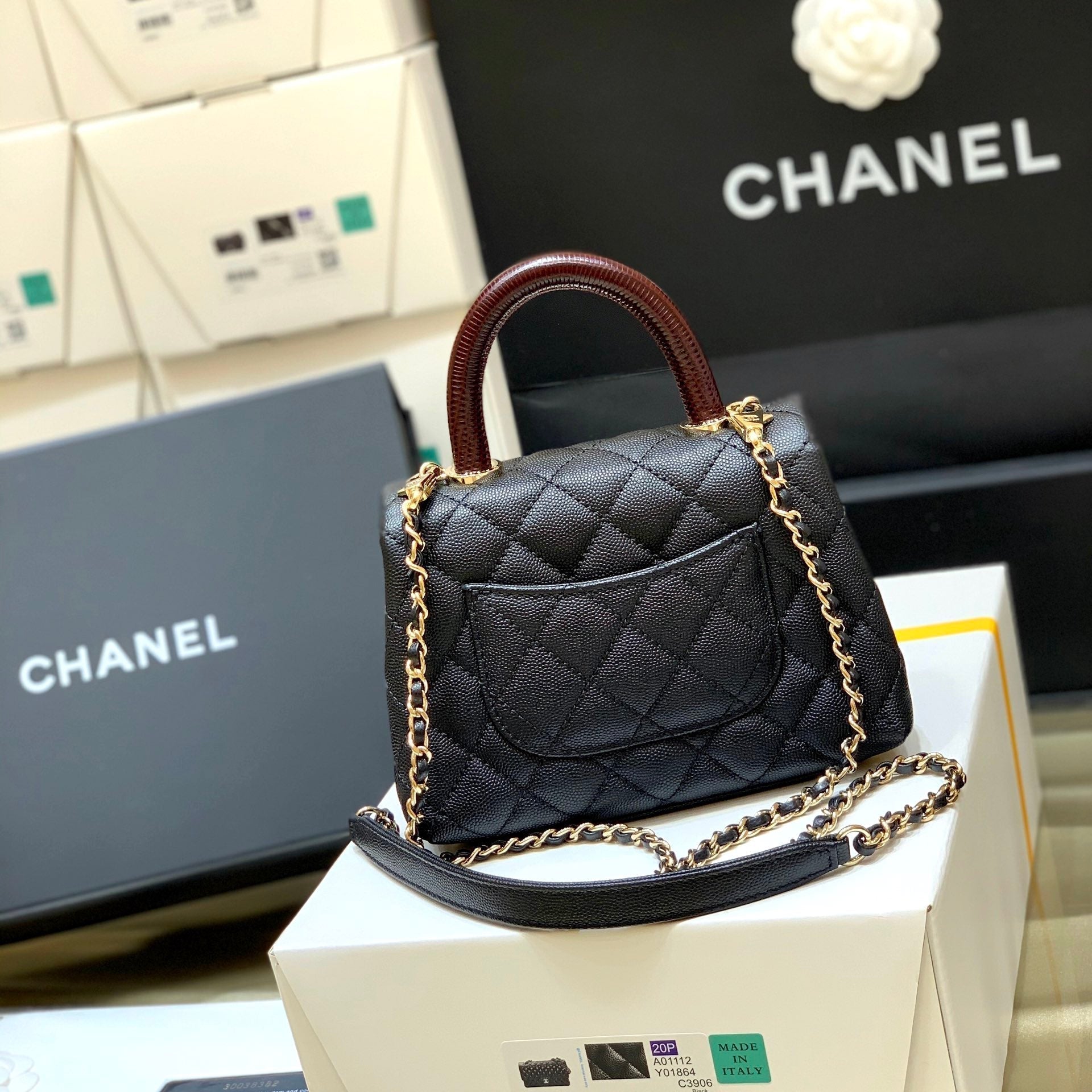 CC 24K Coco Hanle Mini 19cm Black Red Grained Calfskin Gold Hardware