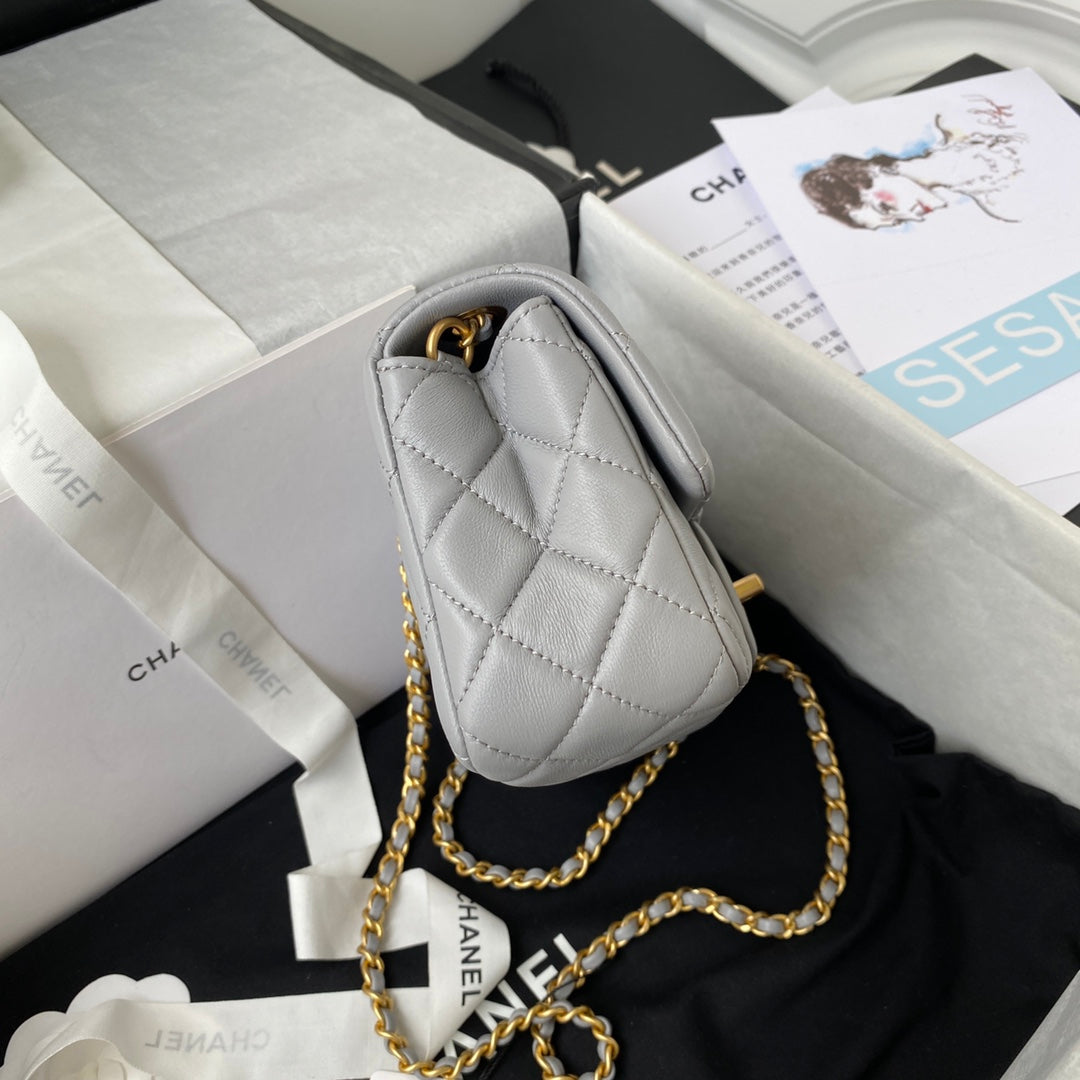 Classic Mini Flap Bag 20cm Grey Lambskin Gold Hardware