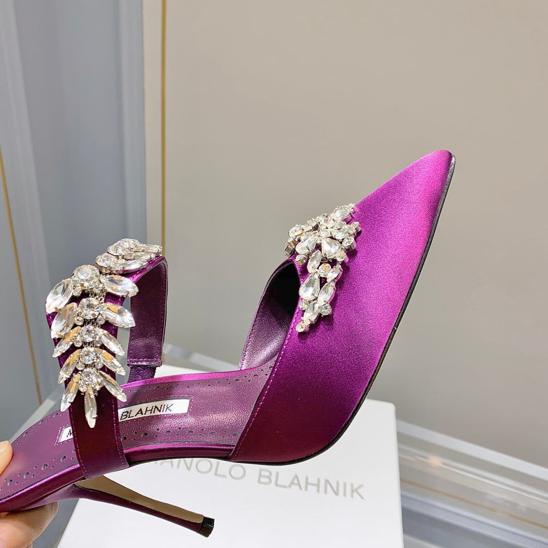 Manolo Mules Crystal Purple Silk Satin 219385