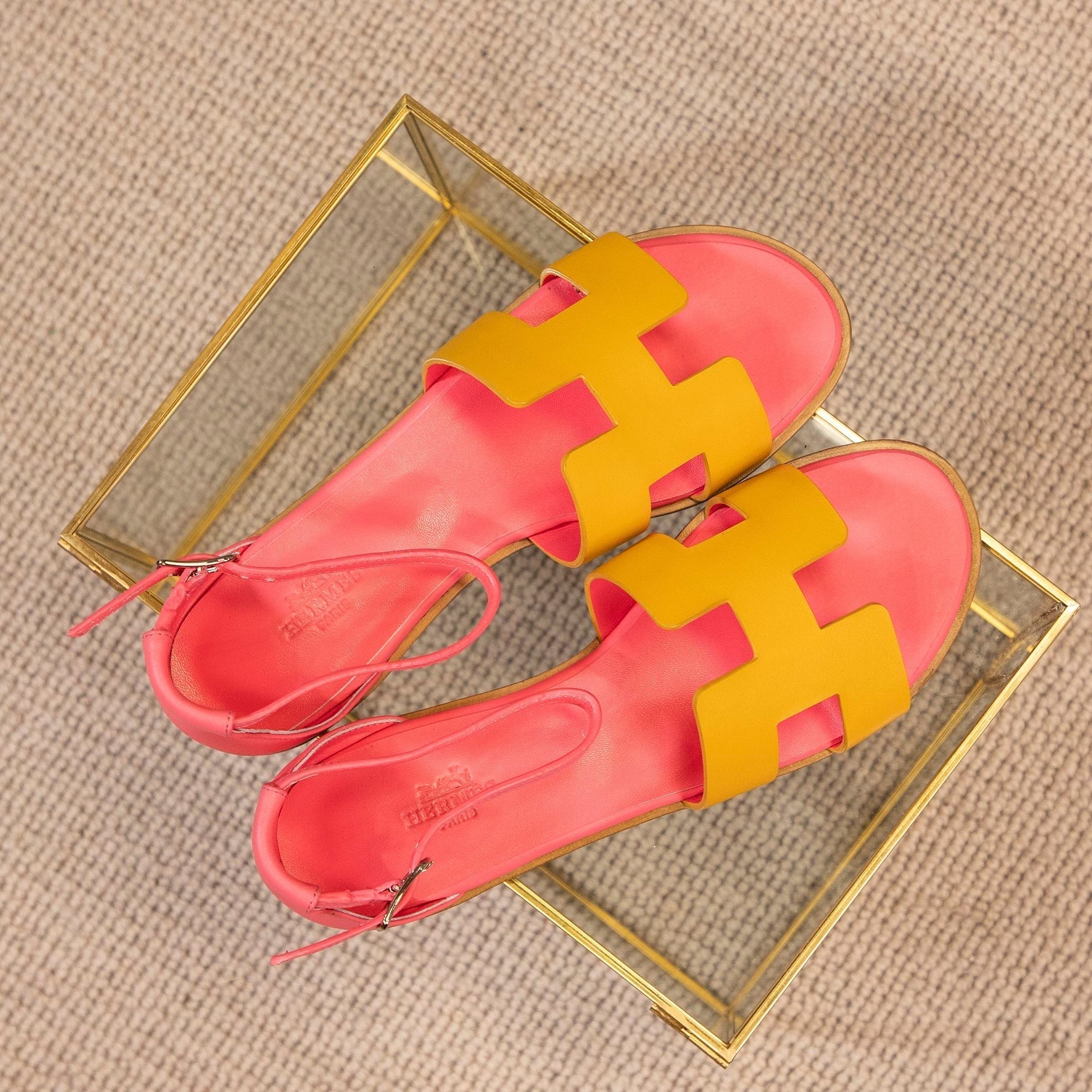 santorini sandal yellow pink epsom leather