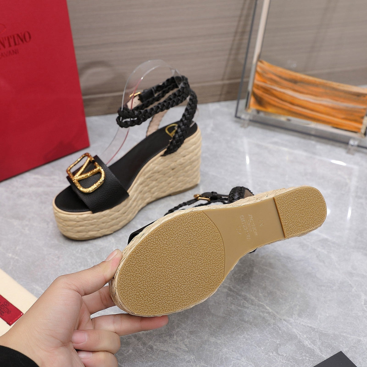 VT Wedge Platform Sandals Black Cowhide Espadrilles 363030