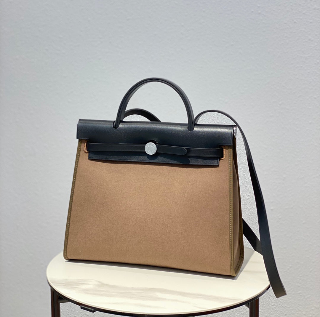 Herbag 31 Toile Brown Canvas Black Cowhide Leather