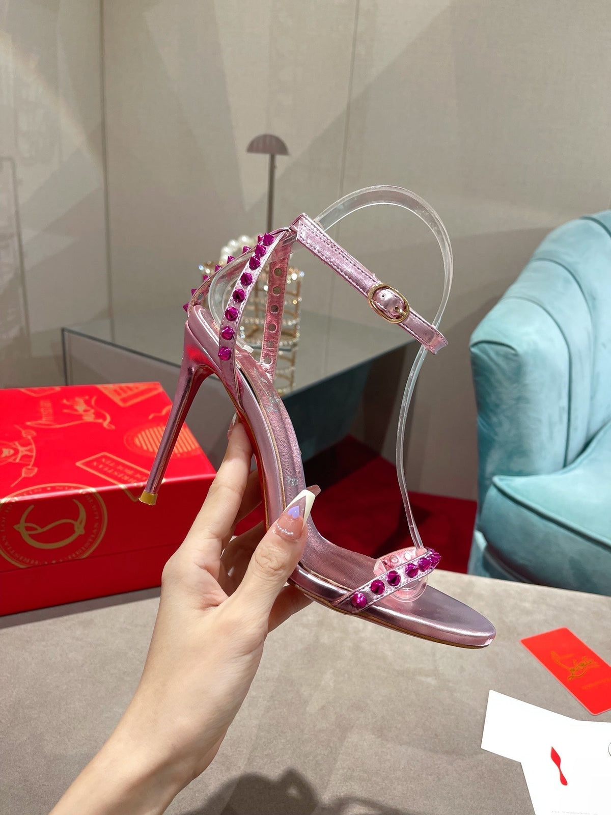 CL Spiked Strap Sandals Pink Metallic 346012