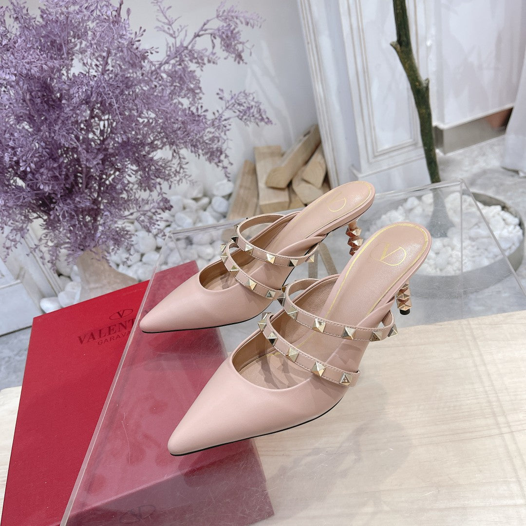 Valentino Rockstud Tower Heel Mules Sheepskin 239526