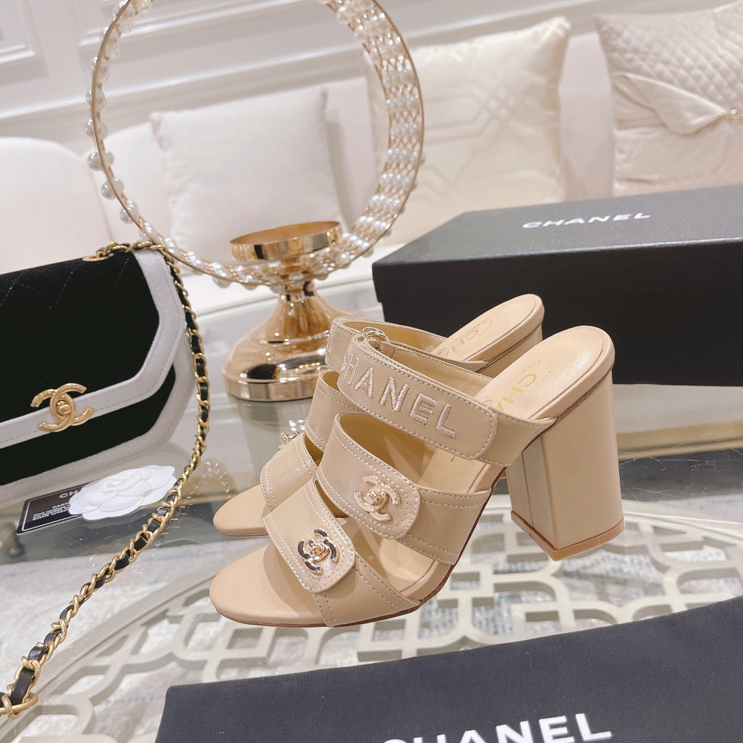 CC 25C Three Strap Sandal Mule High Heel Cream Sheepskin 213347