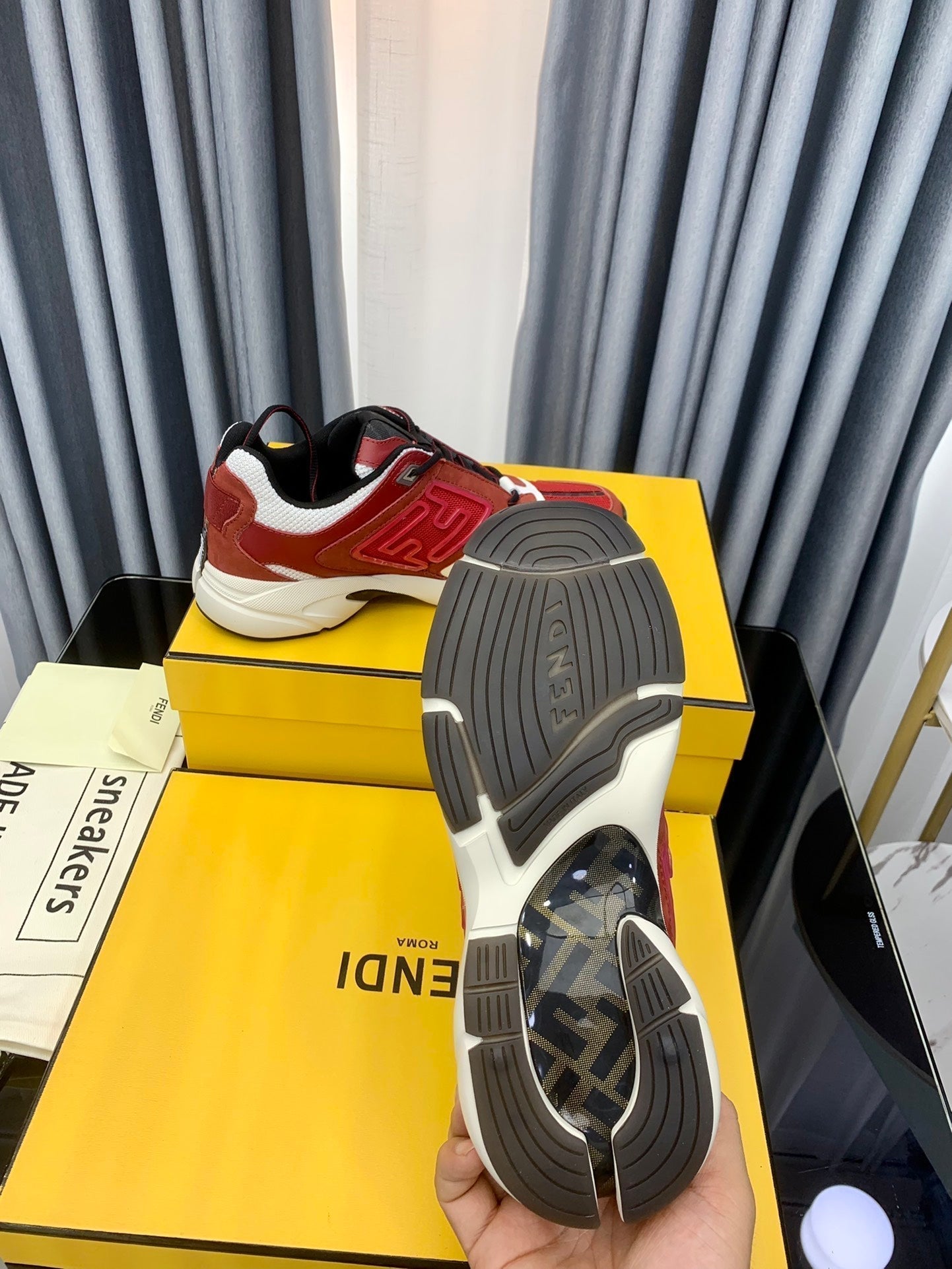 FENDI FASTER TRAINER IN BURGUNDY RED SUEDE AND CALFSKIN