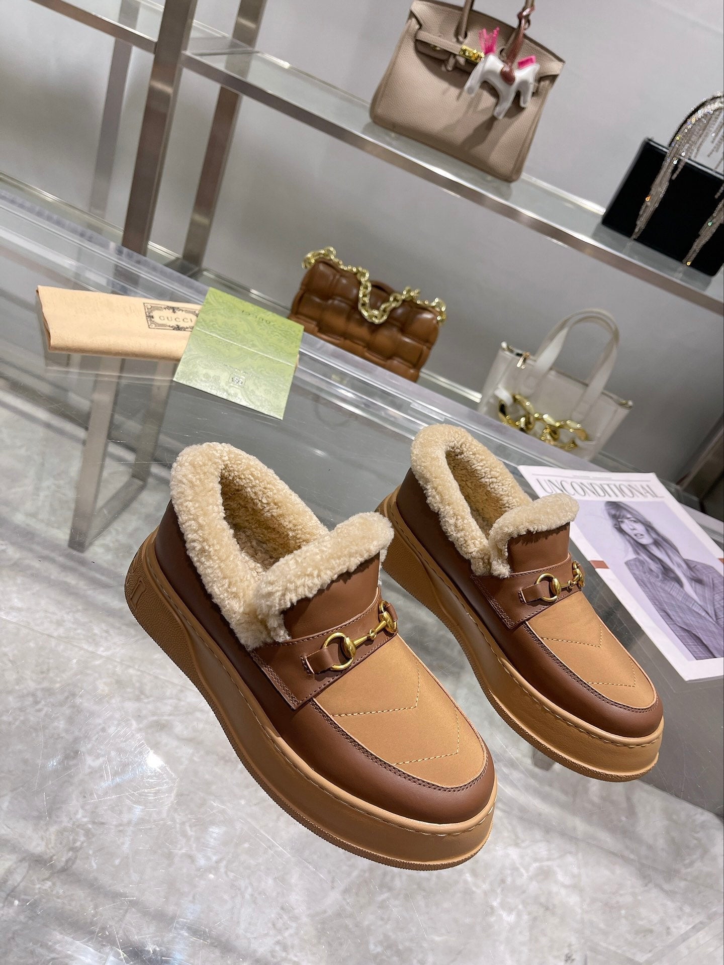 GG Snow Boots Brown Beige Calfskin Wool 576244