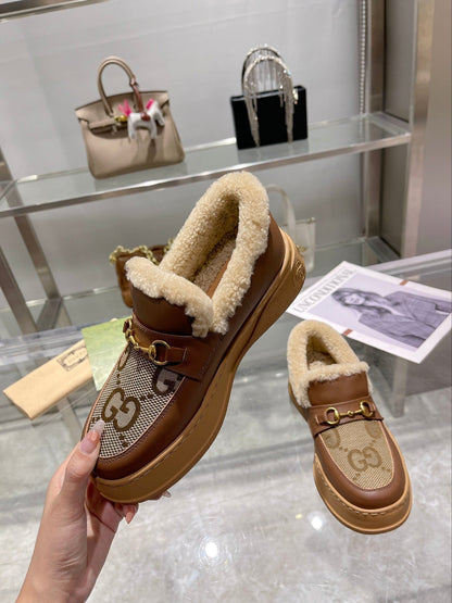 GG Snow Boots Brown Calfskin Denim Wool 576247