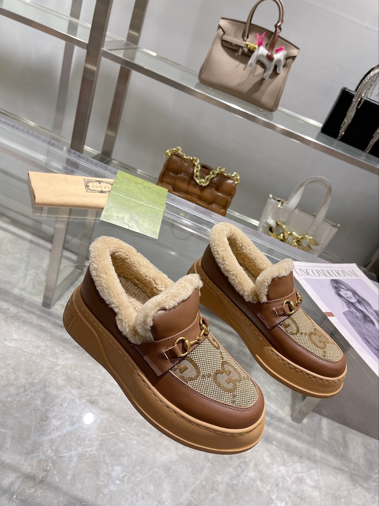 GG Snow Boots Brown Calfskin Denim Wool 576247