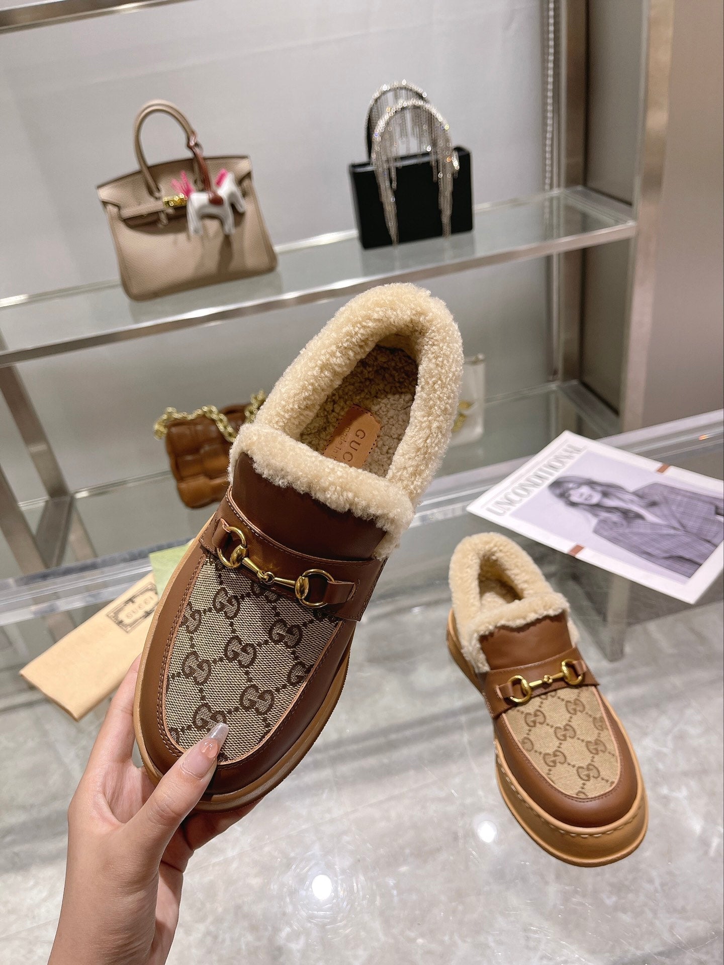 GG Snow Boots Brown Calfskin Denim Wool 576249