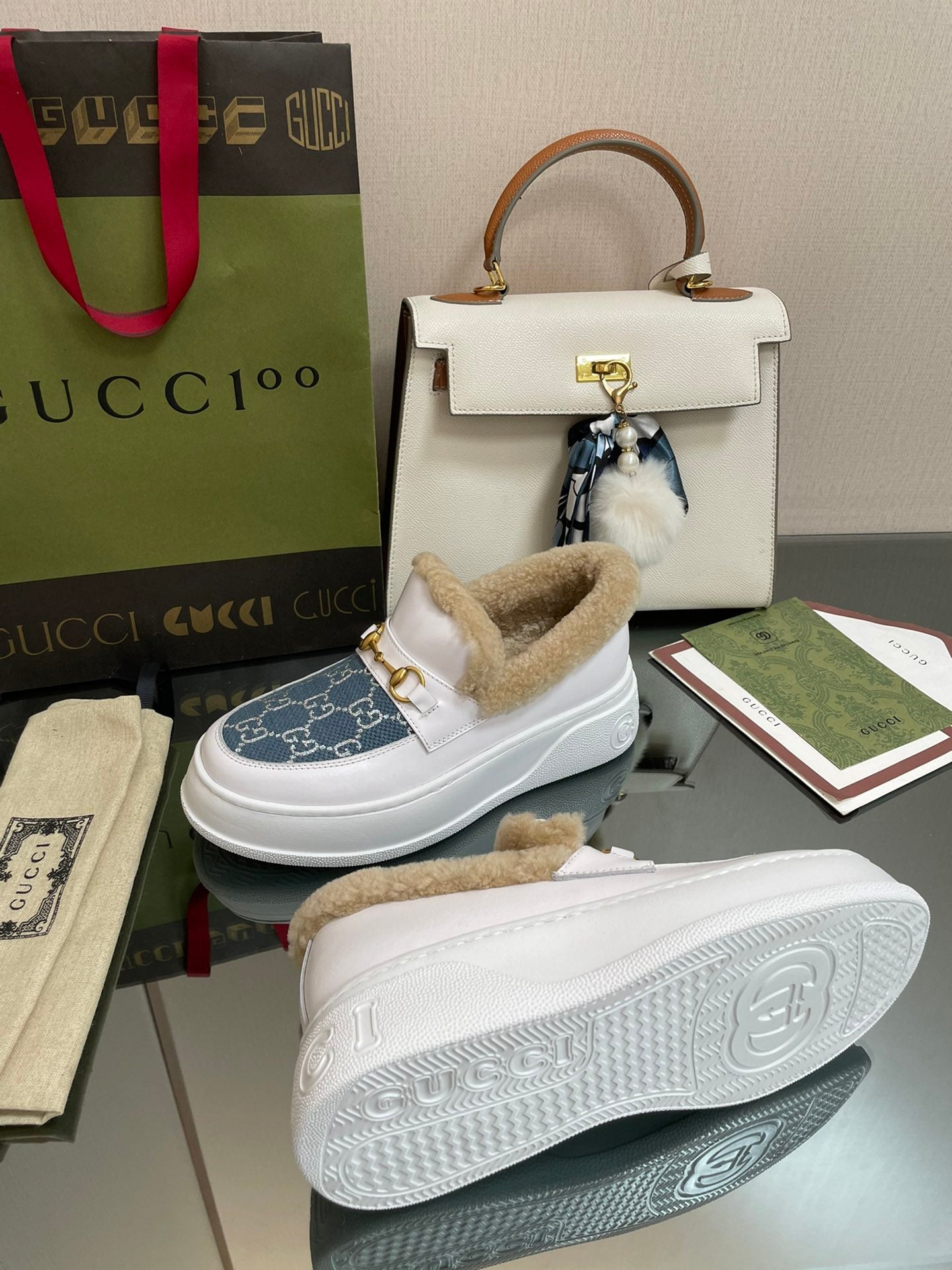 GG LOAFER IN BLUE JACQUARD MIX WHITE CALFSKIN WITH BEIGE WOOL LINING