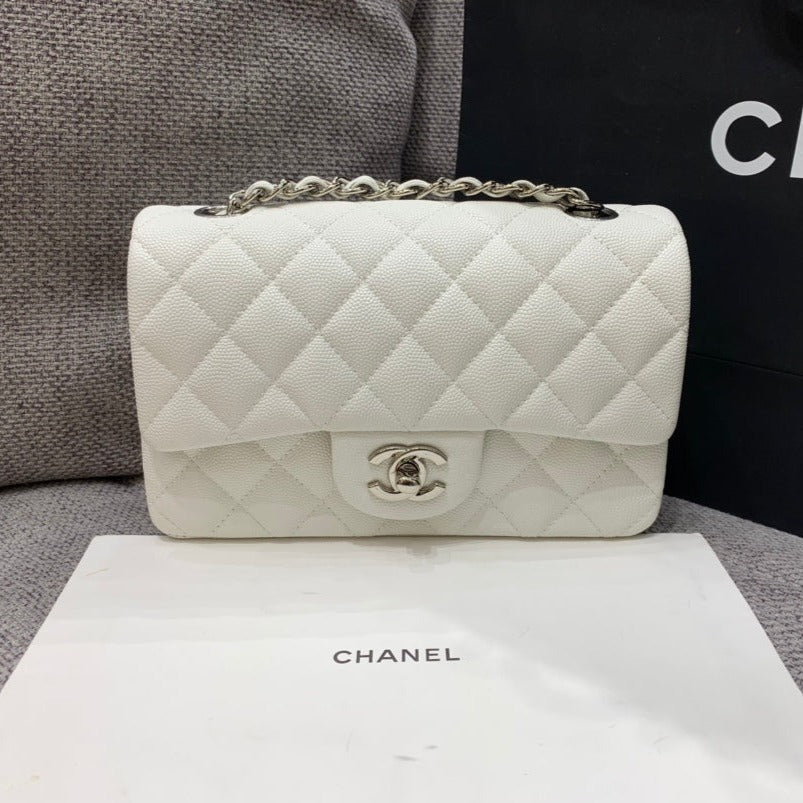 flap bag mini 20cm white caviar silver hardware
