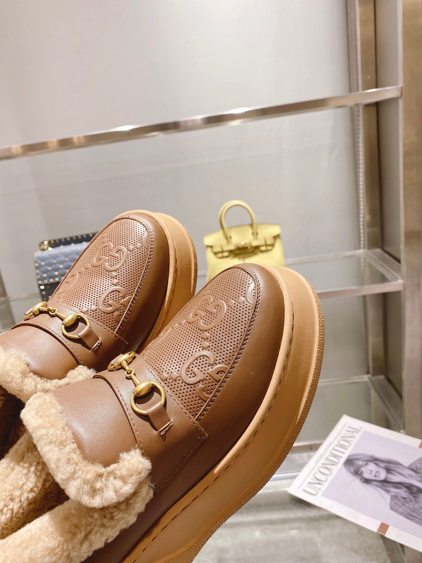 GG Snow Boots Brown Calfskin Wool 576240