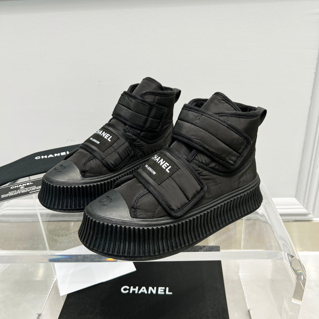 CC High Top Sneaker Thick-Soled Black Rain Velvet Fabric