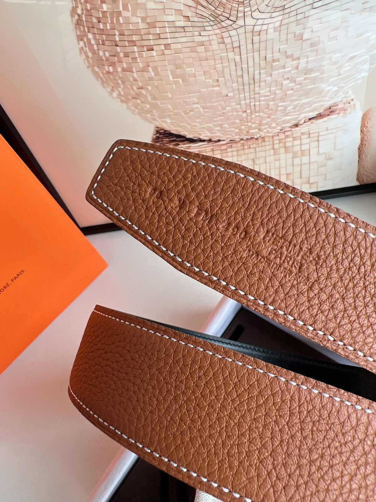 HM ROYAL BELT BUCKLE & REVERSIBLE NOIR AND CIDER ORANGE LEATHER STRAP 32 MM SILVER HARDWARE