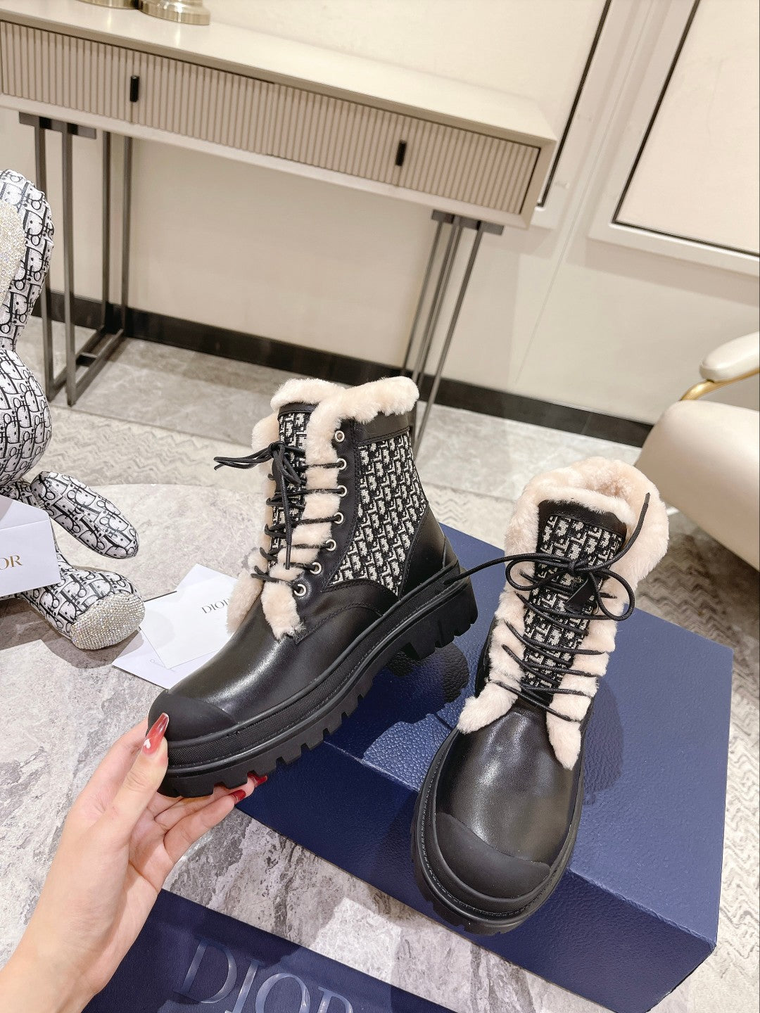 CD Explorer Ankle Boot 50mm Black White Fleece Lining Oblique Jacquard Fabric And Cowhide
