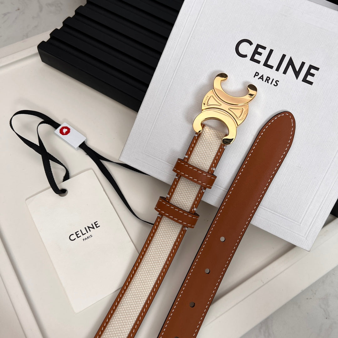 CEL 25mm Triomphe Belt in Taurillon Brown White Canvas 176292