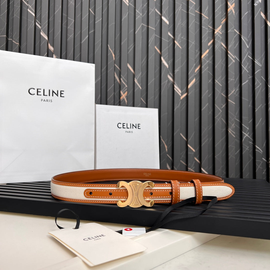 CEL 25mm Triomphe Belt in Taurillon Brown White Canvas 176292