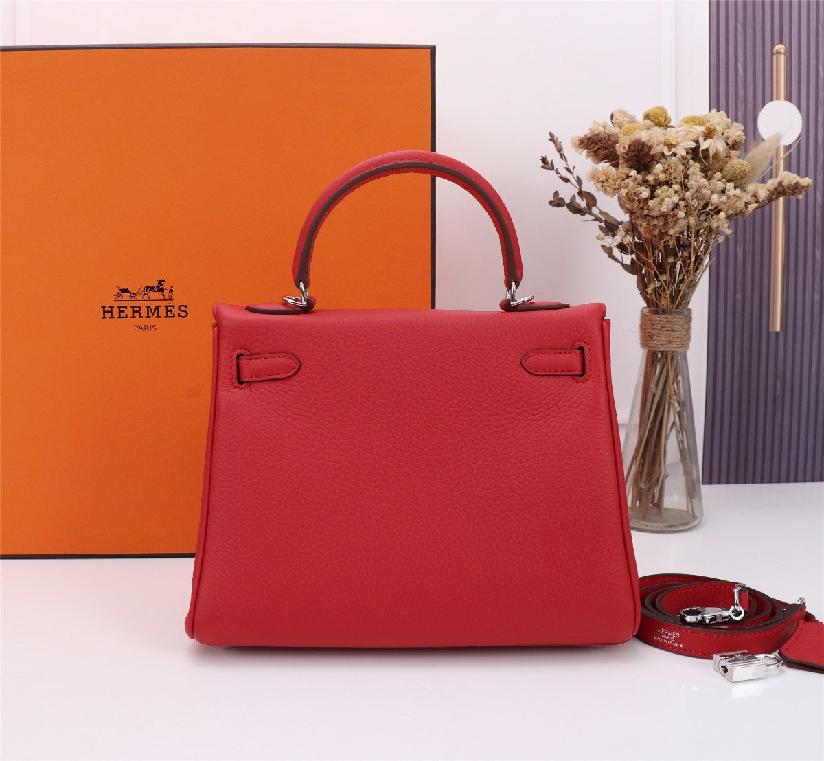 HM KELLY BAG 25 RED TOGO SILVER HARDWARE