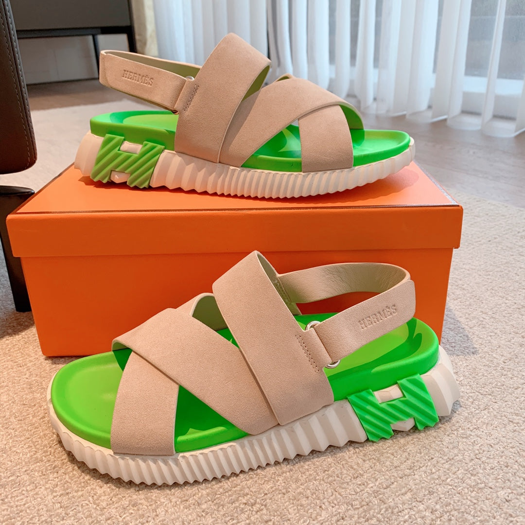 HM ELECTRIC SANDAL PARAKEET AND KHAKI CALFSKIN
