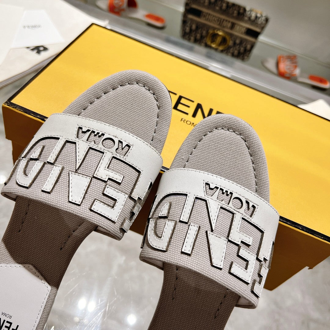 FF Women Roma Signature White Grey Canvas Leather Slide