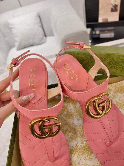 GC Double G Block Heel Thong Sandals Pink Leather 292409