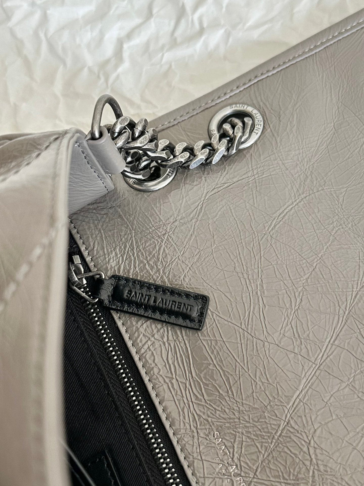 YSL Niki Medium Bag 28cm Grey Crinkled Vintage Leather