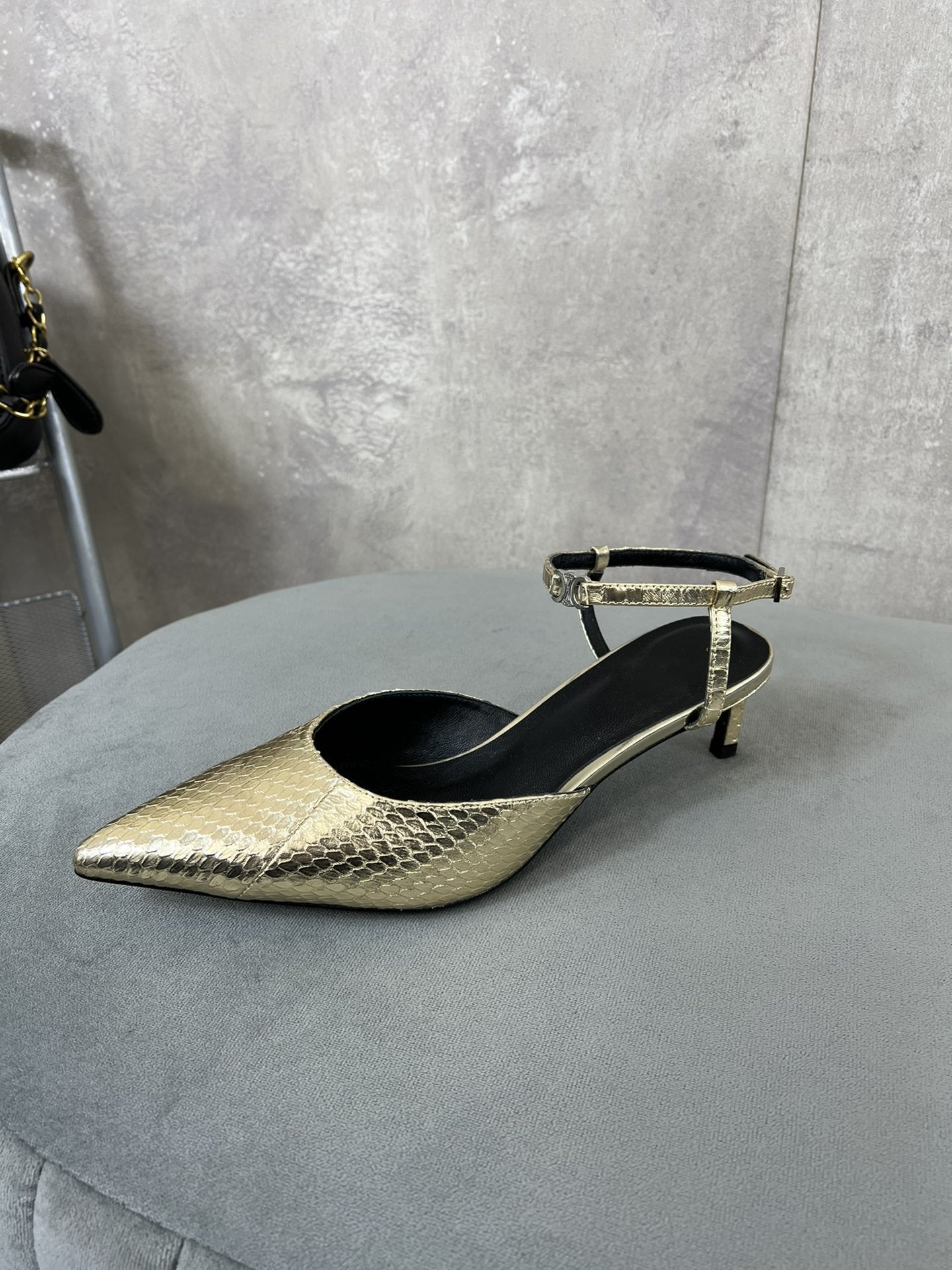 cl kitten with strap 45 gold lizard stamped metalized calfskin