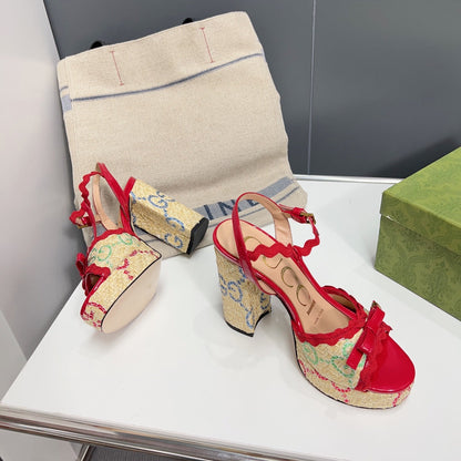 GG Platform Black Heel 105 Sandal Red Calfskin Beige Raffia