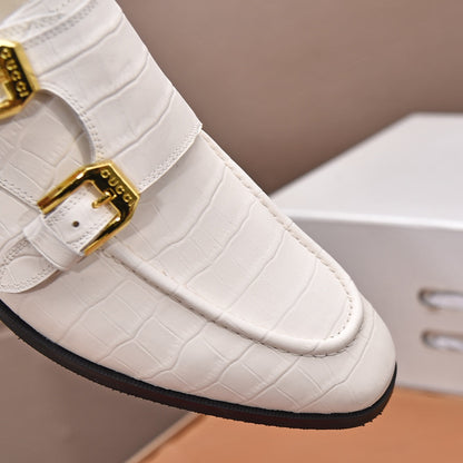 GG Men's Double Monk Strap Loafer White Embossed Cowhide