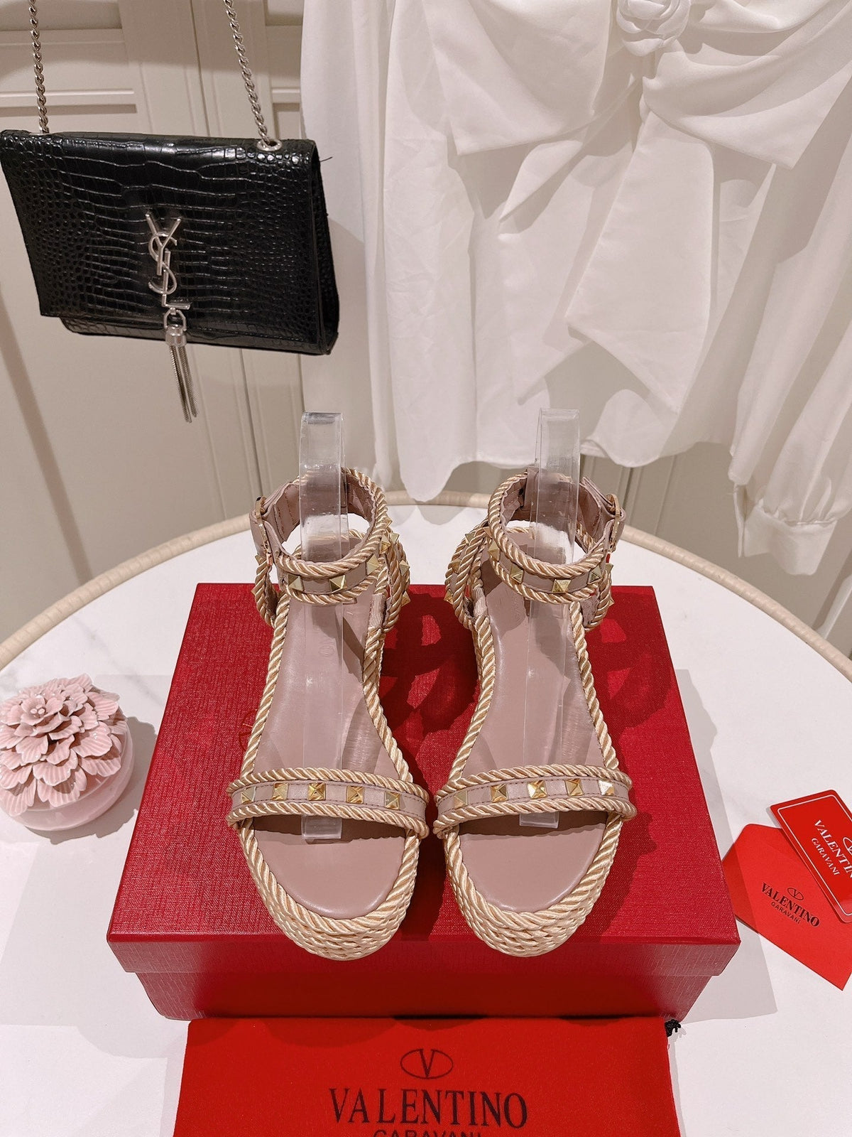 VT Rockstud Platform Sandals 65mm Pink Nude Espadrilles Calfskin 521310