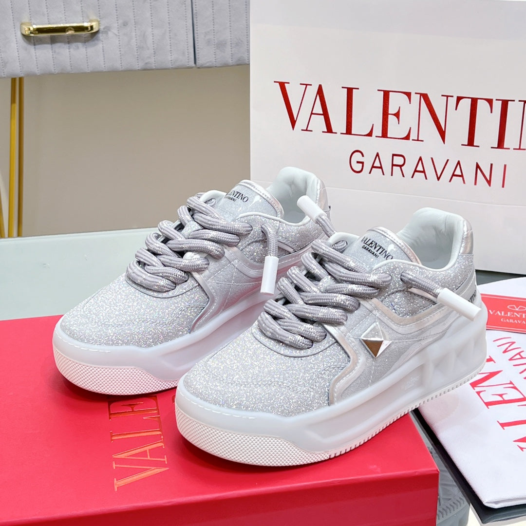 VT 2025 Garavani Sneakers Silver Leather Glitter Fabric 546991