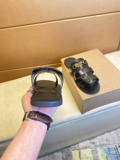 GG Men's Sandals Slide Black Green Cowhide