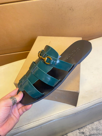 GG Men's Sandals Slide Black Green Cowhide