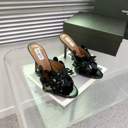 Alaia Confetti Leather Mules Glossy Black Sheepskin Cowhide 293163