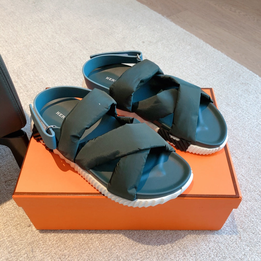 HM ELECTRIC SANDAL SPRUCE FABRIC AND CALFSKIN