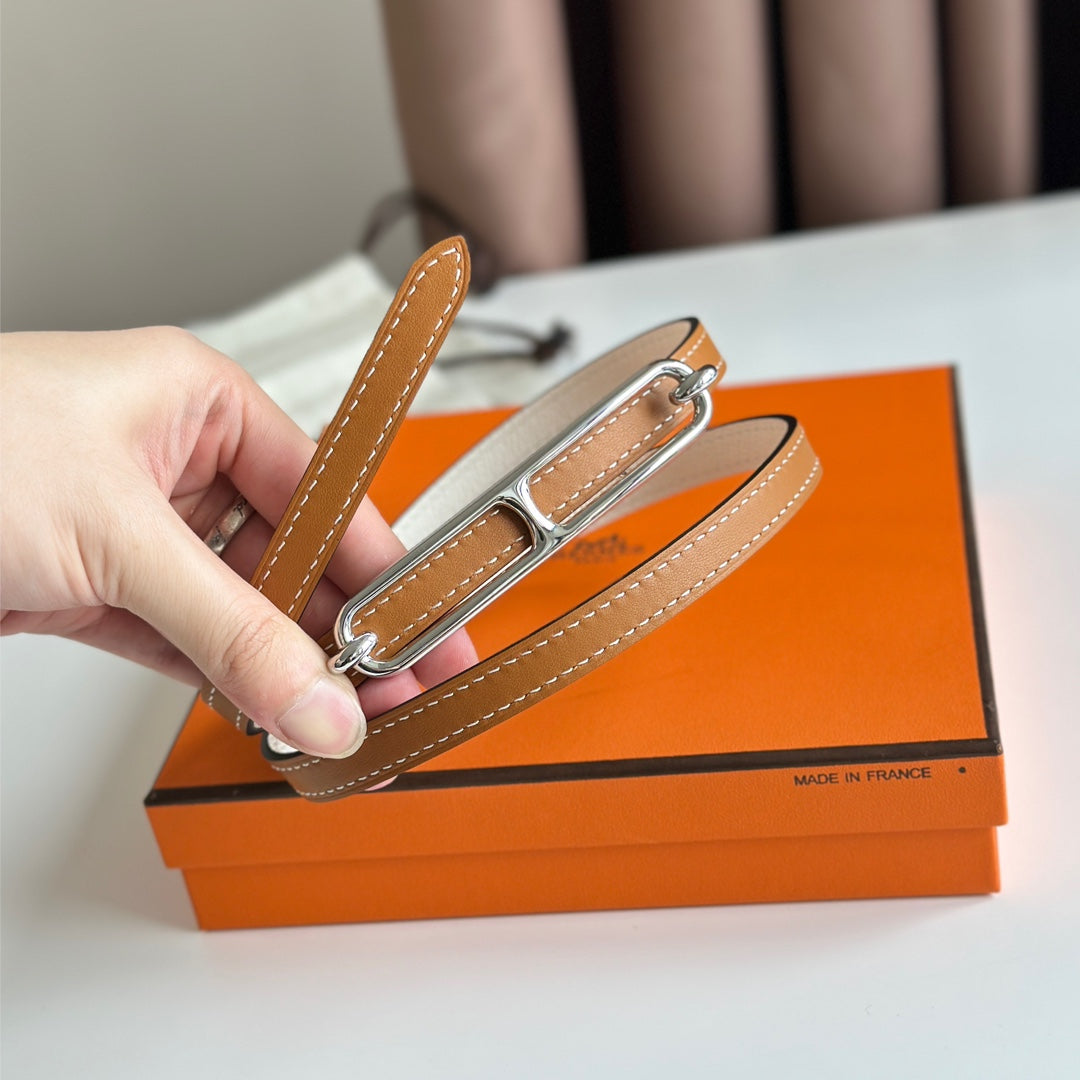 HM ROULIS BUCKLE & REVERSIBLE CINNAMON BROWN AND WHITE LEATHER STRAP 13MM SILVER HARDWARE