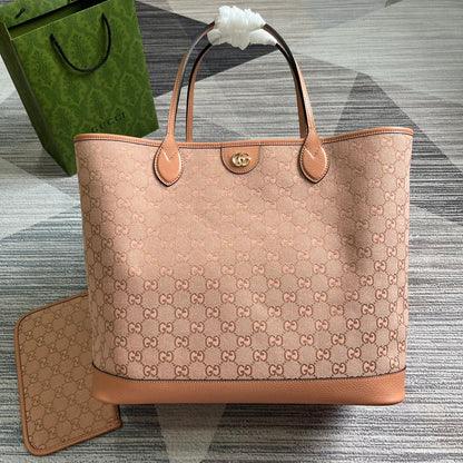 GG OPHIDIA LARGE 40 TOTE BAG IN LIGHT PINK CANVAS