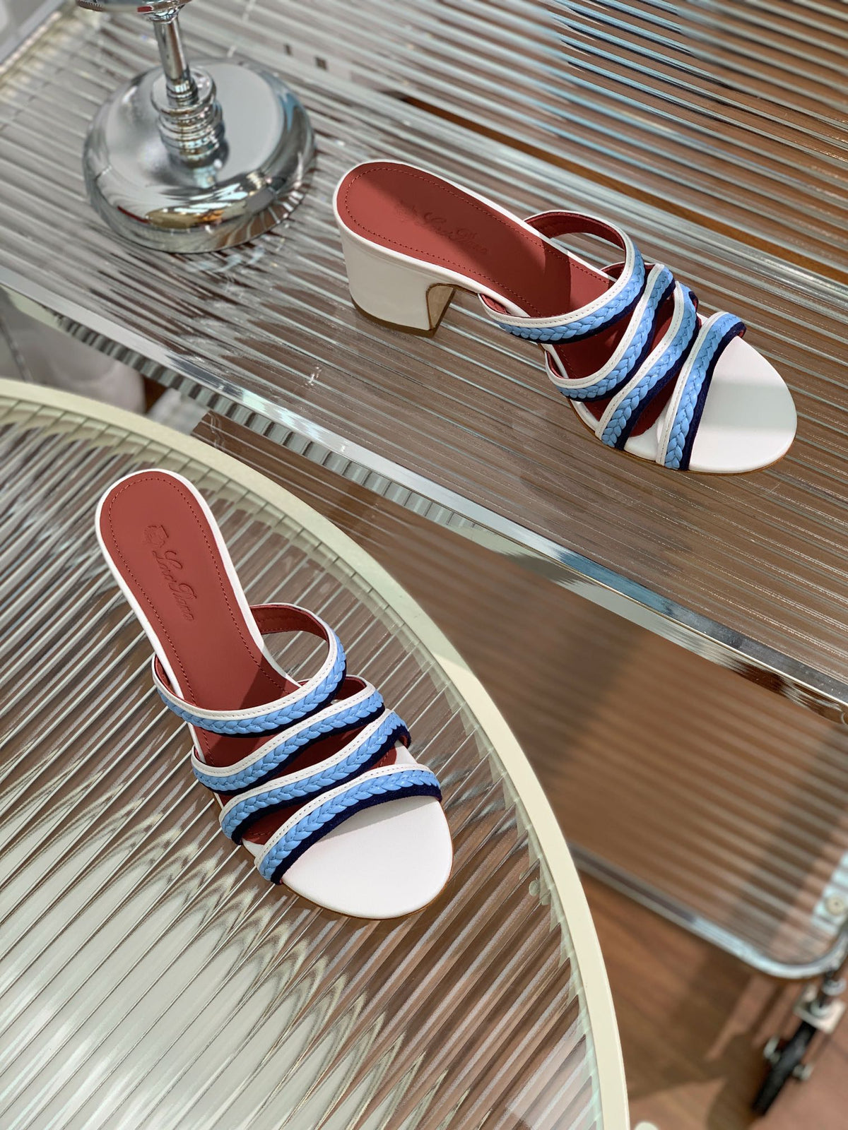 High Hee 60 Sprightly Charms Mule Sandal White Cloud Blue Navy Calfskin