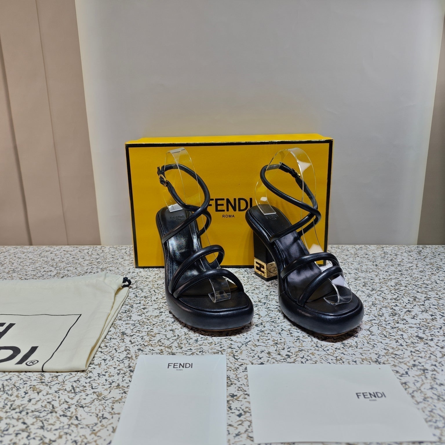 FENDI CHUNKY HIGH-HEELED SANDAL IN BLACK CALFKIN WITH GOLD HARDWARE