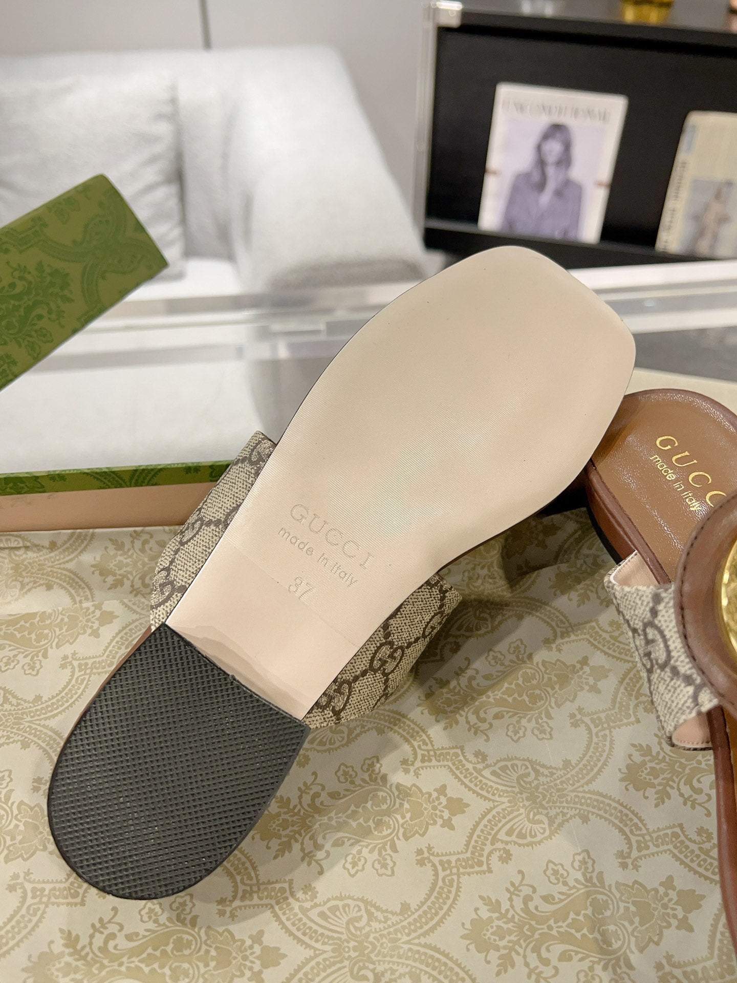 GC 2025 Double G Block Heel Thong Sandals brown Leather 292411