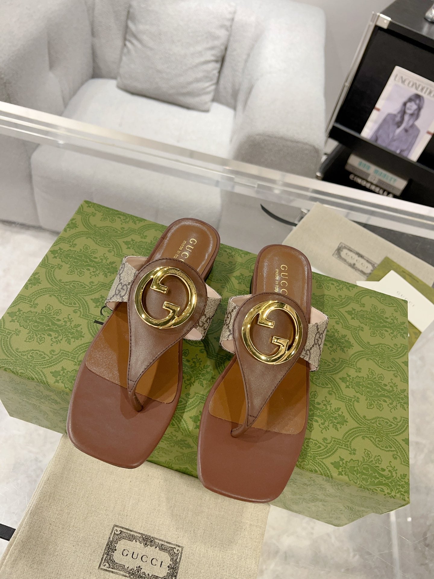 GC 2025 Double G Block Heel Thong Sandals brown Leather 292411